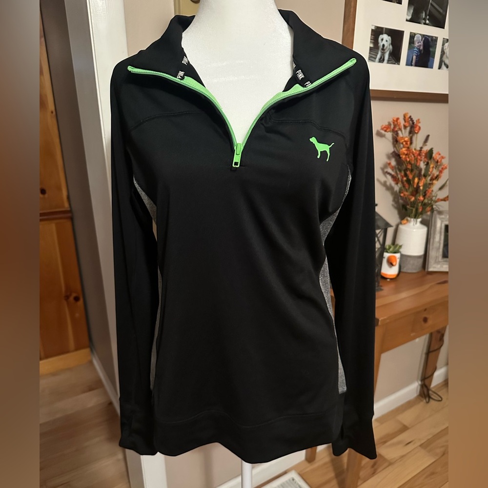 PINK Victoria's Secret Black and Neon Green Quarter-Zip Hoodie